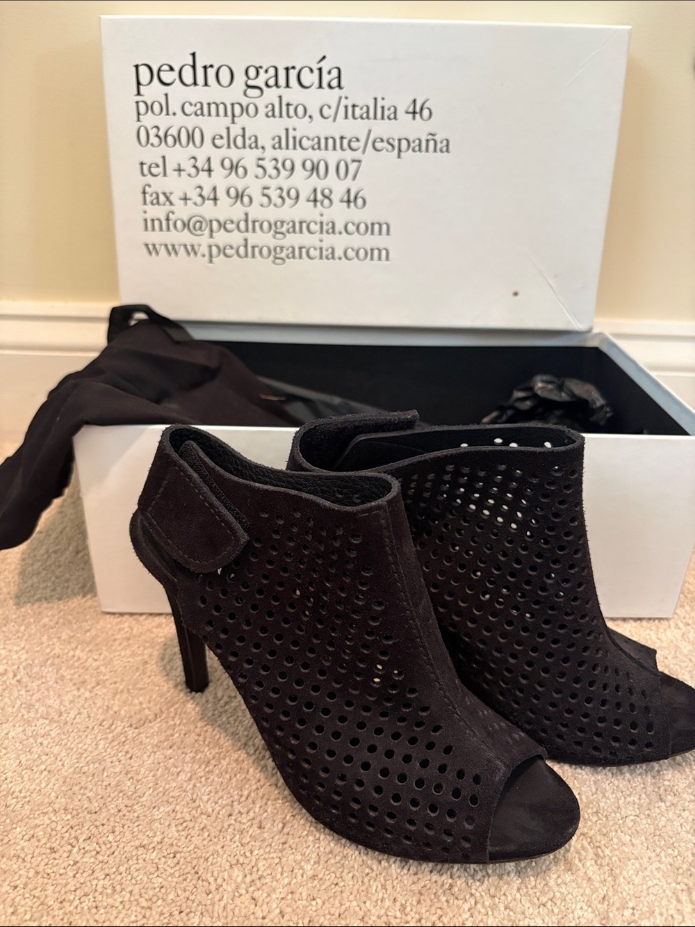 Pedro Garcia Black Perforated Suede Peep-Toe Ankle Boots